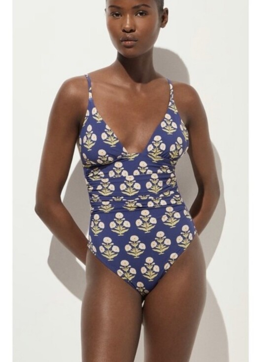 J. Crew Other - J Crew Ruched V-neck one-piece in marigold block print CU269 Size 12